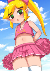 Rule 34 | 1boy, :o, absurdres, arm behind back, blonde hair, blue sky, blush, bow, cheerleader, cheerleader link, cloud, collarbone, crop top, crossdressing, day, from below, green eyes, hair bow, highres, holding, holding pom poms, link, long hair, looking at viewer, male focus, midriff, navel, nintendo, official alternate costume, open mouth, outdoors, papapaimon, pink bow, pink skirt, pleated skirt, pointy ears, pom pom (cheerleading), pom poms, ponytail, sidelocks, skirt, sky, sleeveless, solo, standing, stomach, sweatdrop, teeth, the legend of zelda, the legend of zelda: tri force heroes, toon link, trap, upper teeth only, v-neck