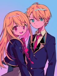 Rule 34 | 1boy, 1girl, asymmetrical bangs, blazer, blonde hair, blue background, blue eyes, blue jacket, blush stickers, bow, brother and sister, buttons, closed mouth, collared jacket, collared shirt, colored inner hair, commentary, copyright name, cropped jacket, expressionless, from side, gradient background, hair between eyes, halftone, highres, hoshino aquamarine, hoshino ruby, jacket, long hair, long sleeves, looking at viewer, looking back, menma (enaic31), mismatched pupils, multicolored hair, necktie, neon palette, open mouth, oshi no ko, pink background, pink bow, pink eyes, pink hair, red necktie, school uniform, shirt, siblings, sidelocks, simple background, smile, standing, star-shaped pupils, star (symbol), swept bangs, symbol-shaped pupils, teeth, twins, twitter username, typo, upper body, upper teeth only, white shirt, youtou high school uniform