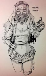 Rule 34 | 1girl, bad id, bad twitter id, breasts, cleavage, cowboy shot, cropped legs, cropped shirt, explosive, gas mask, gloves, goggles, goggles on head, graphite (medium), grenade, greyscale, hand on own hip, hand up, holding, holding grenade, idolmaster, idolmaster (classic), long hair, mask, midriff, monochrome, navel, photo (medium), shijou takane, short shorts, shorts, solo, traditional media, tuxedo de cat