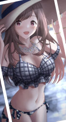 Rule 34 | 1girl, absurdres, bikini, blush, bracelet, breasts, brown hair, cleavage, flower, flower necklace, hat, highres, holding, holding clothes, holding hat, idolmaster, idolmaster shiny colors, jewelry, large breasts, long hair, looking at viewer, navel, necklace, okano yuuto, open mouth, smile, solo, straw hat, swimsuit, tsukioka kogane