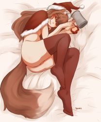 Rule 34 | 1girl, absurdres, animal ear fluff, animal ears, apple, ass, bed sheet, blunt bangs, blush, brown hair, capelet, christmas, closed eyes, commentary, drunk, english commentary, feet, fetal position, food, fox ears, fruit, full body, fur-trimmed capelet, fur trim, hair between eyes, hat, highres, holding, holo, long hair, lying, open mouth, partially visible vulva, pom pom (clothes), pussy, red capelet, red hat, red thighhighs, revision, santa hat, seraziel, sleeping, smile, soles, solo, spice and wolf, tail, thighhighs, wolf ears, wolf girl, wolf tail
