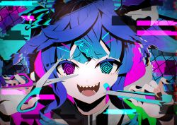 Rule 34 | 1girl, @ @, absurdres, animal ears, black nails, blue eyes, blue hair, boxcutter, bug (vocaloid), chain-link fence, crossed bangs, fence, glitch, hair ornament, hairclip, hands up, heterochromia, highres, holding, holding scissors, hood, hoodie, horse ears, horse girl, long hair, looking at viewer, nail polish, open mouth, purple eyes, scissors, sharp teeth, smile, solo, teeth, toa510, twin turbo (umamusume), twintails, umamusume, vocaloid