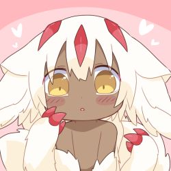 Rule 34 | 1girl, :o, ameamee69, animal ear fluff, animal ears, blush, blush stickers, claws, commentary request, dark-skinned female, dark skin, extra arms, eyes visible through hair, faputa, fewer digits, hands up, heart, looking at viewer, made in abyss, multiple tails, nude, parted lips, pink background, solo, tail, upper body, white fur, white hair