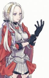 Rule 34 | 1girl, adjusting clothes, adjusting gloves, alternate hairstyle, armor, breastplate, breasts, cape, closed mouth, edelgard von hresvelg, fire emblem, fire emblem: three houses, fire emblem warriors, fire emblem warriors: three hopes, gloves, hair ornament, hair ribbon, highres, ichi27ichi, long hair, long sleeves, looking at viewer, nintendo, official alternate costume, official alternate hairstyle, purple eyes, red cape, ribbon, simple background, skirt, smile, solo, thighhighs, thighs, white hair, zettai ryouiki