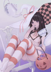 Rule 34 | 1girl, anouetto, basket, black eyes, black hair, blush, breasts, candy, candy wrapper, cleavage, dress, food, hair down, halloween, halloween bucket, halloween costume, hat, highres, holding, holding basket, holding candy, holding food, idolmaster, idolmaster shiny colors, kazano hiori, large hat, long hair, medium breasts, mole, mole under mouth, official alternate costume, official alternate hairstyle, open mouth, panties, pumpkin, see-through, see-through dress, sitting, solo, striped clothes, striped thighhighs, swept bangs, thighhighs, underwear, white dress, white hat, white panties, witch, witch hat