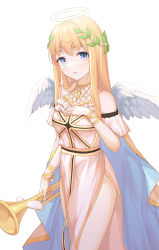 Rule 34 | 1girl, absurdres, angel, angel wings, bare shoulders, blonde hair, blush, cape, dress, feet out of frame, halo, hand on own chest, highres, instrument, legs, long hair, looking at viewer, off-shoulder dress, off shoulder, original, parted lips, peng kun, purple eyes, short sleeves, sidelocks, simple background, solo, trumpet, white background, white cape, white dress, wings