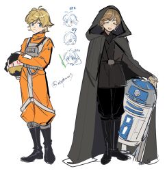 black_footwear black_gloves blonde_hair blue_eyes boots closed_eyes energy_sword gloves highres lightsaber luke_skywalker olopheris open_mouth r2-d2 simple_background standing star_wars star_wars:_a_new_hope star_wars:_return_of_the_jedi star_wars:_the_empire_strikes_back sword weapon white_background