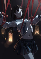 Rule 34 | 1girl, arms up, black hair, black skirt, blue neckerchief, blue sailor collar, breasts, closed mouth, collarbone, commentary request, cowboy shot, dark background, expressionless, gradient background, highres, lantern, long hair, long sleeves, looking away, looking up, midriff, navel, neckerchief, original, pale skin, pleated skirt, red hair, red ribbon, ribbon, sailor collar, school uniform, see-through silhouette, serafuku, shirt, skirt, small breasts, solo, stomach, tied up (nonsexual), white shirt, ye zi you bei jiao ju ge
