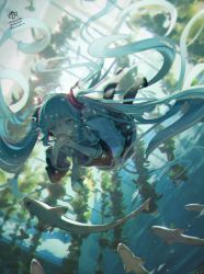 Rule 34 | 1girl, absurdly long hair, air bubble, aqua eyes, aqua hair, asphyxiation, black skirt, bubble, chromatic aberration, covering own mouth, drowning, hatsune miku, long hair, nuudoru, pleated skirt, shark, signature, skirt, swimming, twintails, twitter username, underwater, underwear, very long hair, vocaloid, wide sleeves