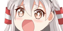 Rule 34 | 10s, 1girl, amatsukaze (kancolle), brown eyes, eyebrows, gradient eyes, hair between eyes, headband, kantai collection, looking at viewer, multicolored eyes, nahaki, open mouth, portrait, silver hair, simple background, sin-poi, solo, sparkling eyes, symbol-shaped pupils, two side up, white background