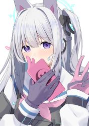 Rule 34 | 1girl, animal ears, black bow, black gloves, blue archive, bow, braid, cellphone, covered mouth, earpiece, fake animal ears, fuurin restia, gloves, hair bow, halo, heart, highres, holding, holding phone, light blush, long hair, long sleeves, looking at viewer, miyako (blue archive), neckerchief, one side up, phone, pink gloves, pink neckerchief, purple eyes, rabbit ears, sailor collar, school uniform, simple background, smartphone, solo, two-tone gloves, upper body, v, white background, white hair, white sailor collar
