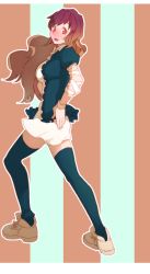Rule 34 | 1girl, adapted costume, blush, brown hair, contemporary, crashtv, dress, frilled dress, frills, gradient hair, hand on own hip, hand on own chest, highres, hijiri byakuren, long hair, looking at viewer, looking to the side, multicolored hair, open mouth, puffy short sleeves, puffy sleeves, purple eyes, purple hair, shirt, shoes, short sleeves, solo, sweat, thighhighs, touhou, turtleneck, white shirt