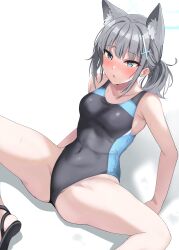 Rule 34 | 1girl, absurdres, animal ear fluff, animal ears, bare shoulders, black one-piece swimsuit, blue archive, blue eyes, blue one-piece swimsuit, blush, breasts, competition swimsuit, cross hair ornament, extra ears, grey hair, hair ornament, halo, highleg, highleg swimsuit, highres, low ponytail, medium breasts, mobu, one-piece swimsuit, open mouth, shiroko (blue archive), shiroko (swimsuit) (blue archive), spread legs, swimsuit, thighs, two-tone swimsuit, wolf ears