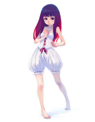 Rule 34 | 1girl, barefoot, bloomers, corset, long hair, simple background, solo, underwear, weno, white bloomers