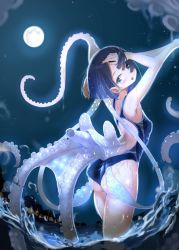 Rule 34 | 159cm, 1girl, aotama (159cm), ass, black hair, blue eyes, blue one-piece swimsuit, breasts, fisheye, from behind, full moon, hands up, highres, looking at viewer, looking back, monster girl, moon, night, night sky, ocean, one-piece swimsuit, original, outdoors, parted lips, short hair, sky, small breasts, solo, suction cups, swimsuit, tentacles, tentacles, tentacles under clothes, wading, water, wet