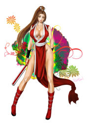 Rule 34 | 1girl, boots, breasts, brown eyes, brown hair, cleavage, fatal fury, female focus, huge breasts, long hair, pink devil, ponytail, shiranui mai, signature, snk, solo, the king of fighters