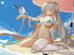 Rule 34 | 1girl, :o, absurdres, animal, animal on head, aqua bikini, arm up, azur lane, bare shoulders, beach, beach umbrella, bikini, bird, bird on head, blunt bangs, blush, braid, breasts, bright pupils, day, double bun, formidable (azur lane), formidable (the lady of the beach) (azur lane), hair bun, helic (7317helic), highres, large breasts, lens flare, long hair, looking at viewer, multi-strapped bikini bottom, multi-strapped bikini top, navel, on ground, on head, open mouth, palm tree, red eyes, seagull, silver hair, single thighhigh, sitting, skindentation, solo, stomach, sun, sweat, swimsuit, thighhighs, tree, twin braids, umbrella, underboob, very long hair, wariza, white thighhighs