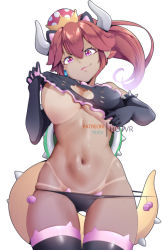 Rule 34 | 1girl, animal ears, armlet, artist name, bikini tan, black bra, black gloves, black panties, black thighhighs, bowsette, bra, bra lift, breasts, cat cutout, cat ears, cat lingerie, closed mouth, clothing cutout, commentary, cowboy shot, earrings, elbow gloves, english commentary, fang, fang out, female focus, gloves, hair between eyes, horns, hot vr, jewelry, kemonomimi mode, large breasts, lifting own clothes, long hair, looking at viewer, mario (series), meme attire, navel, new super mario bros. u deluxe, nintendo, paid reward available, panties, pixiv username, pointy ears, ponytail, purple eyes, red hair, simple background, solo, spiked armlet, spiked tail, standing, stomach, super crown, tail, tan, tanline, thighhighs, turtle shell, underwear, underwear only, white background