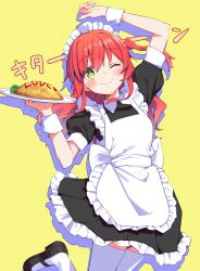 Rule 34 | + +, 1girl, absurdres, alternate costume, apron, arm up, black dress, blush, bocchi the rock!, closed mouth, dress, enmaided, food, food writing, frilled apron, frills, green eyes, hair between eyes, highres, holding, holding plate, joniwi, ketchup, kita ikuyo, long hair, looking at viewer, maid, maid apron, maid headdress, omelet, omurice, one eye closed, one side up, plate, puffy short sleeves, puffy sleeves, red hair, short sleeves, smile, solo, thighhighs, waist apron, white apron, white thighhighs