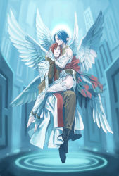 Rule 34 | 1boy, 1girl, anklet, barefoot, blue hair, breasts, bridal gauntlets, bridal legwear, commentary request, dress, elbow gloves, father and daughter, feathered wings, filia (star ocean), floating, forehead jewel, gabriel (star ocean), gloves, graphite (medium), jewelry, kareji, medium breasts, pointy ears, star ocean, star ocean the second story, traditional media, wings
