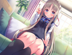 Rule 34 | 1girl, absurdres, asa no ha (awayuki), black legwear, blue eyes, blue neckwear, brown hair, collared shirt, come hither, couch, curtains, cushion, drawer, dutch angle, ear picking, fence, foreshortening, hair ornament, hair ribbon, highres, holding, indoors, legs together, long hair, non-web source, original, plaid, plaid skirt, plant, pleated skirt, potted plant, red skirt, ribbon, school uniform, shirt, sidelocks, skirt, smile, sweater vest, thighs, tree, white shirt, window, x hair ornament