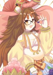 Rule 34 | 1girl, absurdres, belly, big belly, breasts, brown hair, elephant hat, extra arms, fate/grand order, fate (series), food, fruit, ganesha (fate), glasses, grapes, highres, jewelry, jinako carigiri, mari-onette, medium breasts, midriff, necklace, plump, sash, type-moon, yellow eyes