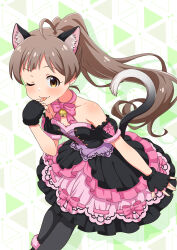 Rule 34 | 1girl, ;p, \||/, ahoge, alternate costume, alternate hairstyle, animal ear fluff, animal ears, animal print, armpit crease, bare shoulders, bell, black dress, black gloves, black pantyhose, black tail, blush, bow, bowtie, breasts, brown hair, cat ears, cat girl, cat print, cat tail, cleavage, closed mouth, collarbone, commentary request, detached collar, dress, feet out of frame, fingerless gloves, floating hair, frilled dress, frills, fur-trimmed dress, fur-trimmed sleeves, fur gloves, fur trim, gloves, goma konbu, gradient tail, hakozaki serika, hand to own mouth, hand up, heart, heart print, high ponytail, highres, idolmaster, idolmaster million live!, idolmaster million live! theater days, jingle bell, layered dress, leaning forward, leggings, long hair, looking at viewer, looking to the side, multicolored background, multicolored clothes, multicolored dress, neck bell, nyannyan cat&#039;s eye (idolmaster), one eye closed, orange eyes, pantyhose, pink bow, pink bowtie, pink dress, raised eyebrow, small breasts, solo, swept bangs, tail, three quarter view, tongue, tongue out, triangle background, very long hair, white tail