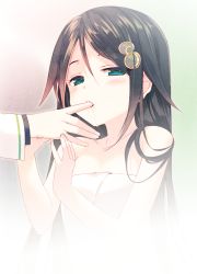 Rule 34 | 10s, 1boy, 1girl, arikawa satoru, black hair, blue eyes, blush, collarbone, finger in another&#039;s mouth, finger sucking, hair flowing over, hair ornament, izumi reina, long hair, looking at viewer, musaigen no phantom world, naked towel, open mouth, saliva, solo focus, towel, very long hair