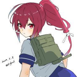 Rule 34 | 1girl, absurdres, backpack, bag, bigkwl, blue sailor collar, dated, from behind, gradient hair, highres, i-168 (kancolle), kantai collection, looking at viewer, multicolored hair, ponytail, red eyes, red hair, sailor collar, sailor shirt, school uniform, serafuku, shirt, simple background, solo, twitter username, white background, white shirt