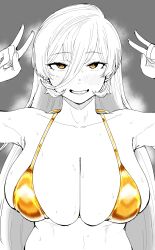Rule 34 | 1girl, absurdres, armpits, bikini, blush, breasts, double v, fang, gold bikini, hair between eyes, highres, huge breasts, kaiman garupan, long hair, looking at viewer, monochrome, nijisanji, nui sociere, open mouth, simple background, skin fang, skindentation, smile, solo, spot color, sweat, swimsuit, upper body, v, very long hair, virtual youtuber, yellow eyes
