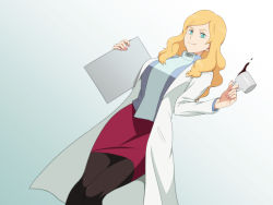 Rule 34 | 10s, 1girl, 4st injection, anna christine, aqua eyes, blonde hair, blue eyes, breasts, coffee, cup, detached collar, holding, lab coat, large breasts, legs, long hair, looking away, majin bone, nail polish, pantyhose, pink nails, red skirt, simple background, skirt, smile, solo, standing, thighs