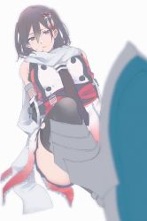 Rule 34 | 1girl, black gloves, black neckerchief, black skirt, black thighhighs, blurry, brown eyes, brown hair, buttons, depth of field, double-breasted, elbow gloves, gloves, hair between eyes, hair ornament, highres, kantai collection, looking at viewer, neckerchief, pov, rinto (rint rnt), scarf, sendai (kancolle), sendai kai ni (kancolle), short hair, simple background, single thighhigh, skirt, solo, thighhighs, two side up, white background, white scarf
