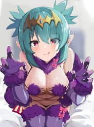 Rule 34 | 1girl, absurdres, artist request, bare shoulders, blue hair, blush, breasts, commentary, commission, cosplay, elbow gloves, english commentary, fate/grand order, fate (series), fur-trimmed gloves, fur collar, fur trim, gloves, highres, humanization, indie virtual youtuber, large breasts, lincoro, looking at viewer, mash kyrielight, mash kyrielight (dangerous beast), mash kyrielight (dangerous beast) (cosplay), navel, o-ring, official alternate costume, pointy ears, purple gloves, red eyes, revealing clothes, second-party source, short hair, short twintails, solo, thighhighs, twintails, virtual youtuber