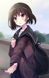 Rule 34 | 1girl, backpack, bad id, bad pixiv id, bag, black bow, black bowtie, black sailor collar, blue skirt, blue sky, blush, bow, bowtie, brown eyes, brown hair, brown sweater, commentary request, day, hair between eyes, hand up, head tilt, highres, minami saki, original, outdoors, outstretched arm, parted lips, pleated skirt, sailor collar, school uniform, serafuku, short hair, skirt, sky, solo, sweater