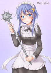 Rule 34 | 1girl, alternate costume, anti (untea9), apron, black dress, blush, crescent, crescent hair ornament, dress, enmaided, frilled apron, frilled dress, frills, hair between eyes, hair ornament, highres, holding mace, kantai collection, long sleeves, looking at viewer, mace, maid, maid apron, maid headdress, purple background, purple hair, school uniform, serafuku, short hair with long locks, solo, spiked mace, spikes, standing, twitter username, waist apron, weapon, white apron, wrist cuffs, yayoi (kancolle)