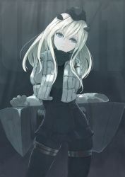 Rule 34 | 10s, 1girl, absurdres, blonde hair, blue eyes, commentary, cropped jacket, female focus, garrison cap, gloves, gradient background, hat, highres, kantai collection, long hair, long sleeves, looking at viewer, malcolm x (artist), military, military uniform, pantyhose, puffy long sleeves, puffy sleeves, school swimsuit, solo, swimsuit, swimsuit under clothes, thigh strap, u-511 (kancolle), uniform
