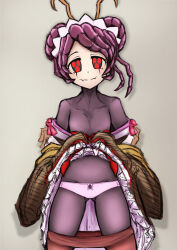Rule 34 | 1girl, animal print, antennae, arthropod girl, breasts, brown kimono, brown pantyhose, closed mouth, clothes lift, clothes pull, colored skin, commentary request, double bun, entoma vasilissa zeta, extra pupils, fangs, hair bun, highres, japanese clothes, kimono, kimono lift, koikeda-yoh, legs apart, lifted by self, light smile, looking at viewer, maid, maid headdress, monster girl, off shoulder, overlord (maruyama), panties, pantyhose, pantyhose pull, pink panties, print panties, purple hair, purple skin, red eyes, short hair, simple background, skin fangs, sleeves past wrists, small breasts, solo, spider print, straight-on, underwear, white background
