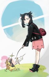 Rule 34 | 1girl, ankle boots, asymmetrical bangs, backpack, bag, black footwear, black hair, black jacket, boots, cat teaser, closed mouth, commentary request, creatures (company), dress, game freak, gen 8 pokemon, grass, green eyes, hair ribbon, highres, holding, jacket, korean commentary, leaning forward, long sleeves, looking at viewer, marnie (pokemon), morpeko, morpeko (full), nintendo, pink dress, poke ball symbol, pokemon, pokemon (creature), pokemon swsh, red bag, red ribbon, ribbon, sparkle, spiky gummy, standing