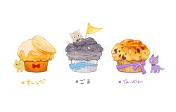 Rule 34 | :3, blue ribbon, bow, cat, commentary request, flag, food, food focus, fruit, grey cat, icing, ikkaf sk, in food, looking at viewer, mini flag, muffin, no humans, orange (fruit), orange slice, original, pennant, pinstripe pattern, purple cat, purple ribbon, red bow, ribbon, simple background, solid circle eyes, standing, striped ribbon, translation request, undersized animal, white background, yellow cat