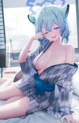 Rule 34 | 1girl, animal ears, arm support, aya (lezon), barefoot, bath yukata, blue archive, blue halo, blush, breasts, green hair, hair between eyes, halo, hand fan, highres, japanese clothes, kimono, looking at viewer, medium breasts, official alternate costume, one eye closed, open mouth, paper fan, purple eyes, shigure (blue archive), shigure (hot spring) (blue archive), short hair, sitting, smile, solo, speech bubble, tail, tatami, teeth, translation request, uchiwa, upper teeth only, weasel ears, weasel tail, yokozuwari, yukata