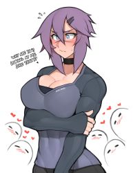 Rule 34 | !?, 1girl, absurdres, blue eyes, blush, breasts, choker, cleavage, covered navel, english text, flying sweatdrops, hair between eyes, hair ornament, hairclip, heart, highres, large breasts, long sleeves, maya (roadi3), muscular, muscular female, original, purple hair, roadi3, scar, scar on face, scar on nose, short hair, simple background, solo, white background