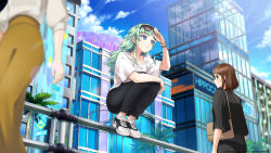 Rule 34 | 3girls, black pants, blue eyes, bracelet, brown hair, brown pants, clothes writing, dolphin wave, extra, eyewear on head, game cg, green hair, highres, jewelry, long hair, looking to the side, multiple girls, office lady, official art, pants, selena lewis, shirt, shoes, short hair, sidelocks, sneakers, solo focus, squatting, sunglasses, white shirt