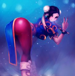 Rule 34 | 1girl, 3ihard, ass, bad deviantart id, bad id, bent over, black hair, blush, boots, bracelet, bun cover, capcom, china dress, chinese clothes, chun-li, double bun, dress, highres, huge ass, jewelry, nail polish, pantyhose, pelvic curtain, red eyes, short hair, smile, solo, spiked bracelet, spikes, street fighter, thighs, v