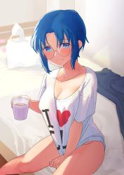 Rule 34 | 1girl, akatsu, bed, between legs, blue eyes, blue hair, blush, bottomless, bra, unworn bra, breasts, ciel (tsukihime), coffee, collarbone, condom, condom wrapper, cup, glasses, groin, hair intakes, hand between legs, hand up, head tilt, heart, heart print, highres, holding, holding cup, indoors, looking at viewer, medium breasts, naked shirt, on bed, parted bangs, pillow, print shirt, revision, round eyewear, shirt, shirt tug, short hair, short sleeves, sidelocks, sitting, smile, solo, steam, tsukihime, underwear