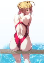 Rule 34 | 1girl, ahoge, alternate costume, ass, back, bare legs, bare shoulders, blonde hair, blush, braid, butt crack, commentary request, competition swimsuit, fate/grand order, fate (series), french braid, from behind, green eyes, hair bun, hair intakes, hair ribbon, highleg, highleg swimsuit, highres, looking at viewer, looking back, nero claudius (fate), nero claudius (fate) (all), nero claudius (fate/extra), one-piece swimsuit, parted lips, red one-piece swimsuit, red ribbon, ribbon, single hair bun, sitting, skindentation, smile, solar (happymonk), solo, sparkle, swimsuit, water, white background