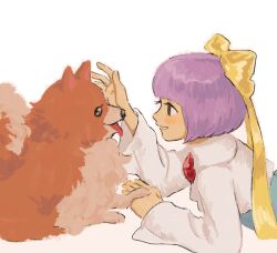 Rule 34 | 1girl, arm rest, bob cut, bow, brooch, dog, from side, ghost trick, grey eyes, grin, hair bow, jewelry, kamila (ghost trick), long sleeves, looking at animal, lying, missile (ghost trick), on stomach, orange fur, pomeranian (dog), profile, purple hair, renshu usodayo, short hair, simple background, smile, solo, tongue, tongue out, two-tone fur, upper body, white background, white fur, yellow bow
