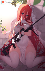 Rule 34 | 1girl, bare shoulders, blue eyes, blush, breasts, covered navel, dress, girls&#039; frontline, gloves, gun, hair between eyes, headwear request, holding, holding gun, holding weapon, long hair, nanoless, open mouth, panties, red hair, rifle, ruins, sitting, sleeveless, sleeveless dress, sniper rifle, solo, t-5000 (girls&#039; frontline), thighhighs, underwear, very long hair, wariza, weapon, white dress, white gloves, white panties, white thighhighs