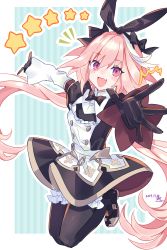 Rule 34 | 1boy, absurdres, astolfo (fate), astolfo (saber) (fate), astolfo (saber) (third ascension) (fate), black bow, black bowtie, black dress, black gloves, black pantyhose, black ribbon, bloomers, blue background, blush, bow, bowtie, buttons, dated, dress, fate/grand order, fate (series), gloves, hair between eyes, hair bow, hair intakes, hair ribbon, highres, juliet sleeves, layered skirt, long hair, long sleeves, looking at viewer, macchoko, male focus, multicolored hair, pantyhose, pink hair, puffy sleeves, purple eyes, ribbon, skirt, solo, streaked hair, trap, twintails, underwear, white bloomers, white hair, white skirt, wide sleeves, wing collar