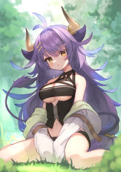 Rule 34 | 1girl, animal ears, antenna hair, bare legs, bare shoulders, belt, belt buckle, between legs, black shorts, blue hair, blush, breasts, buckle, chestnut mouth, cleavage, clothing cutout, commentary, feet out of frame, flipped hair, forest, gradient hair, hair between eyes, hair ornament, hairclip, halterneck, hand between legs, head tilt, highres, horn ornament, horn ring, horns, jacket, jacket partially removed, long hair, looking at viewer, low-tied long hair, medium breasts, micro shorts, monster musume td, multicolored hair, nature, navel, nigru (monmusu td), on grass, own hands together, purple hair, raised eyebrows, shorts, sitting, sleeves past fingers, sleeves past wrists, solo, tail, tomisaka yorui, underboob, underboob cutout, v arms, very long hair, wariza, yellow eyes