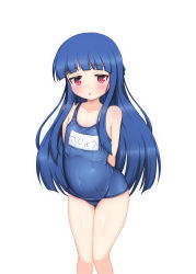 Rule 34 | 1girl, absurdres, arms behind back, blue hair, blue one-piece swimsuit, blush, covered navel, highres, hosizora mikoto, idolmaster, idolmaster cinderella girls, long hair, name tag, old school swimsuit, one-piece swimsuit, open mouth, red eyes, sajo yukimi, school swimsuit, solo, swimsuit, thighs